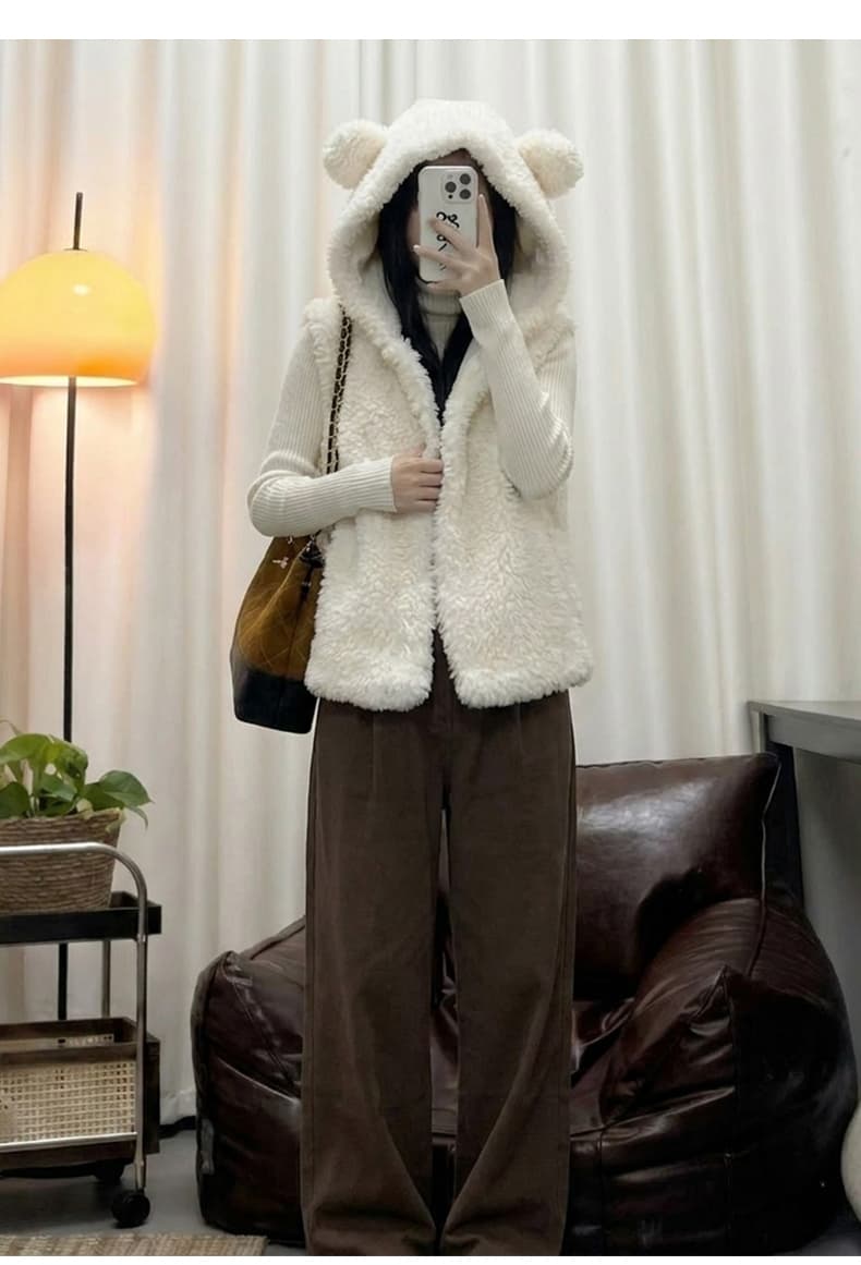 토끼 귀 후드 가을 겨울 새로운 양털 피모 하나 한 부서 루즈핏 민소매 조끼 조끼 여성 재킷 상세 이미지 14