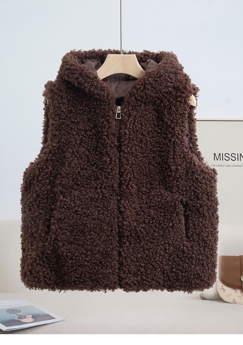 토끼 귀 후드 가을 겨울 새로운 양털 피모 하나 한 부서 루즈핏 민소매 조끼 조끼 여성 재킷 상세 이미지 17