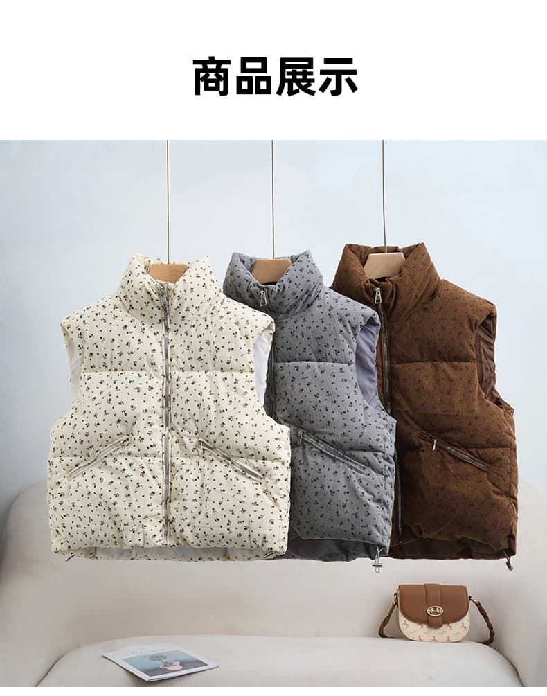 한 부서 스탠드 칼라 꽃무늬 조끼 여자 민소매 면 옷 조끼 루즈핏 다용도 패션 재킷 작은 키 어깨 조끼 상세 이미지 13