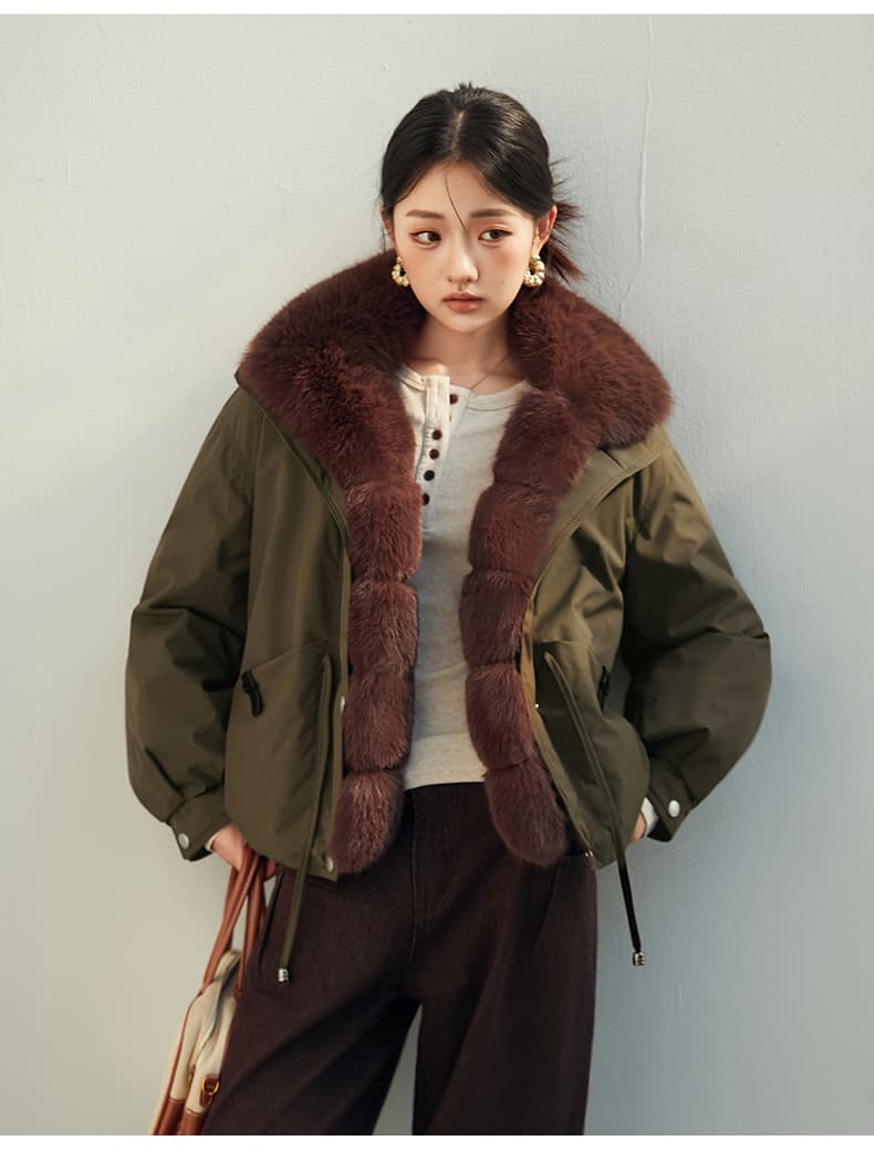 2026 새로운 모방 여우 모피 칼라 아래 면화 의류 여성 짧은 패션 루즈핏 두꺼운 Parker 세트 상세 이미지 23