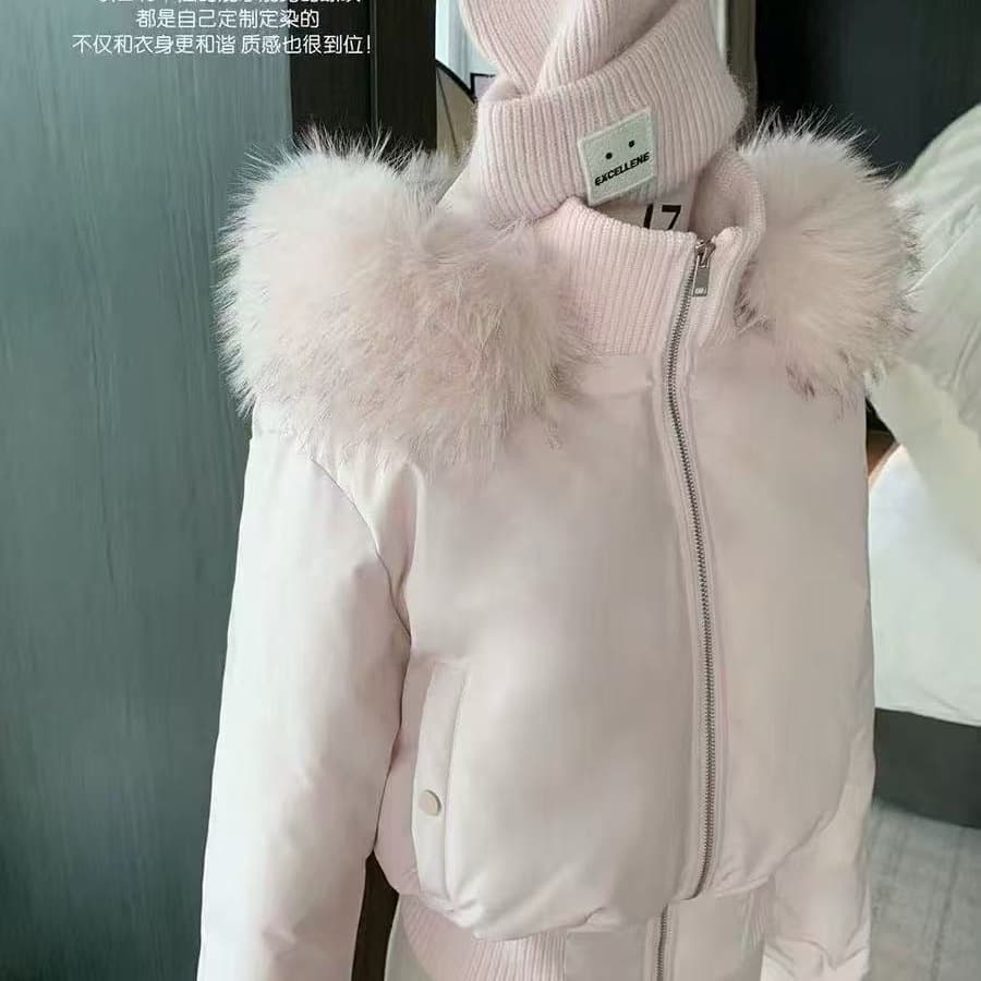 핑크색 모피 칼라 후드 쇼트 스타일 면 의류 여성 겨울 새로운 슈퍼 잘 생긴 허리 수축 보온 재킷 큰 모피 칼라 다운 재킷 이미지 5