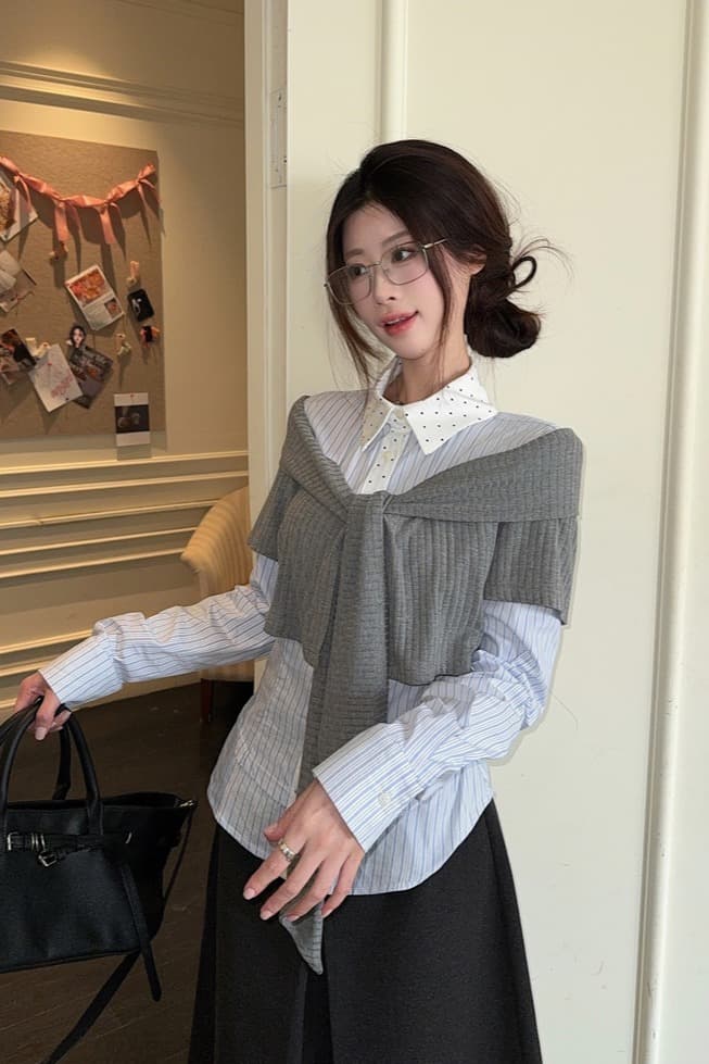 학원 스타일 페이크 레이어드 여성 셔츠 2026 가을 새로운 고급 센스 작은 대중 Chic 긴팔 맨위 이미지 2