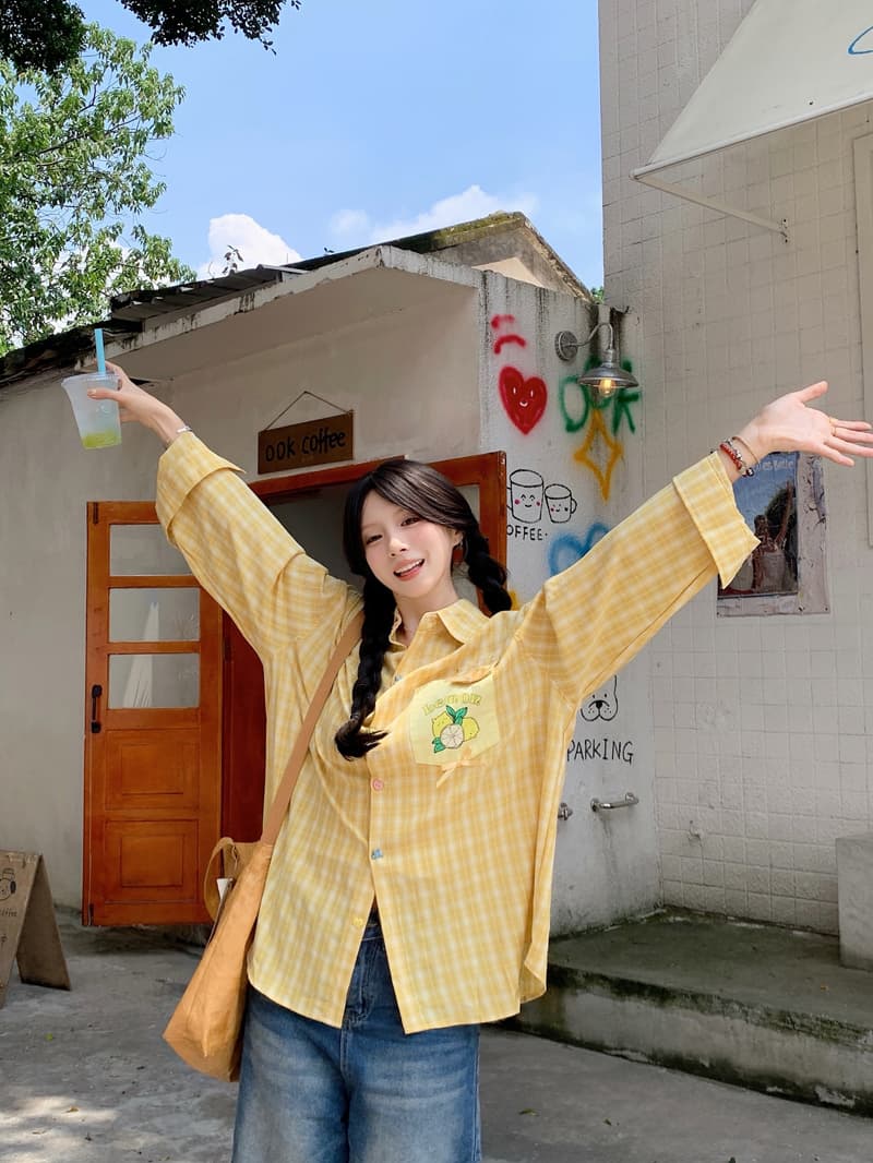 디자인 센스 색상 버클 체크무늬 긴팔 여성 셔츠 2026 가을 새로운 Chic 과일 프린트 주머니 맨위 상세 이미지 2