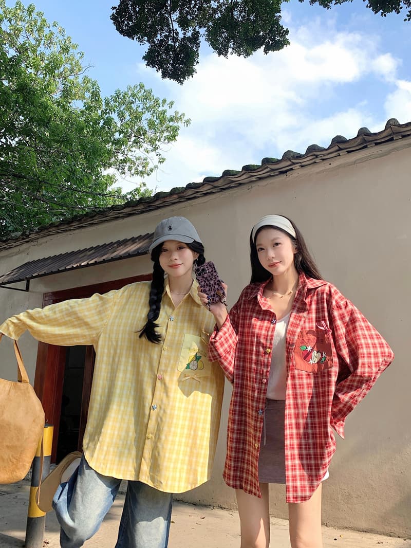 디자인 센스 색상 버클 체크무늬 긴팔 여성 셔츠 2026 가을 새로운 Chic 과일 프린트 주머니 맨위 상세 이미지 31