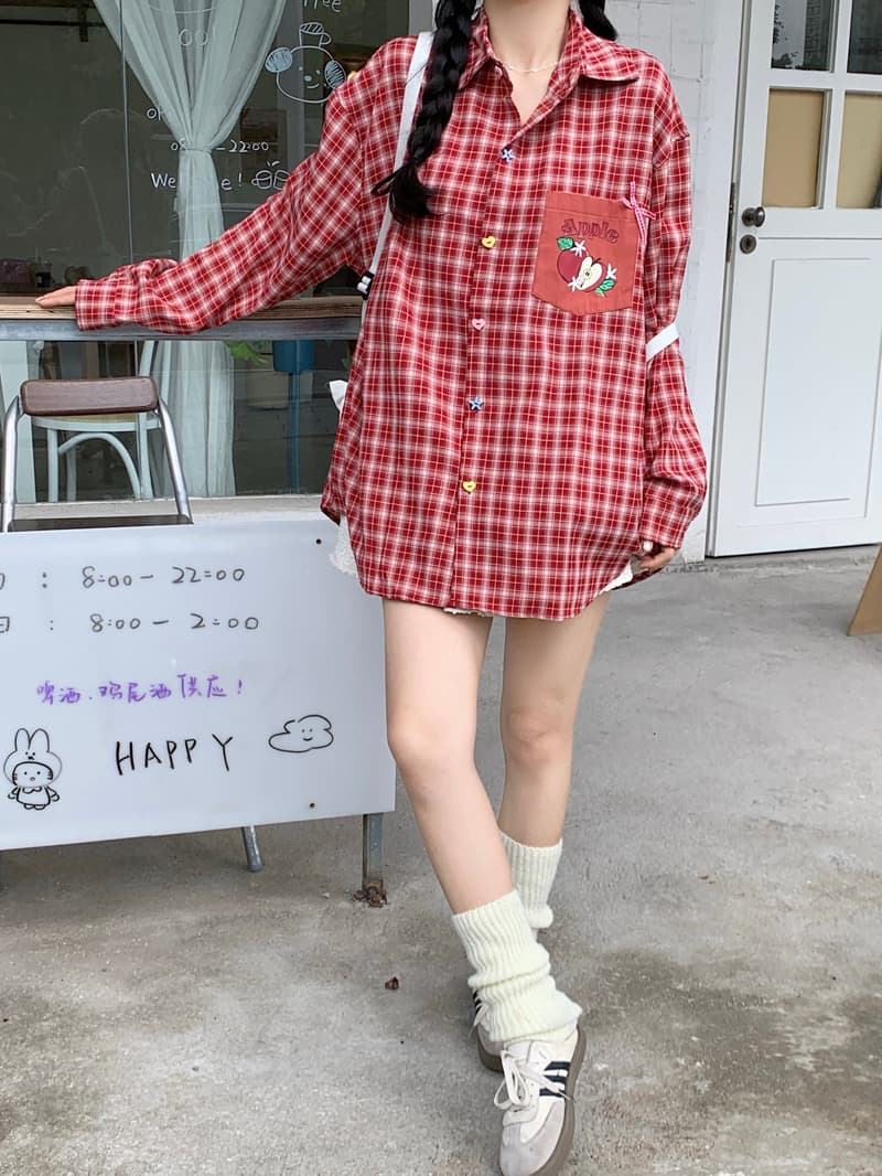 디자인 센스 색상 버클 체크무늬 긴팔 여성 셔츠 2026 가을 새로운 Chic 과일 프린트 주머니 맨위 상세 이미지 37