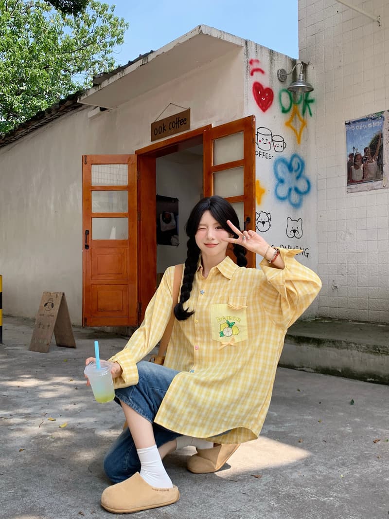 디자인 센스 색상 버클 체크무늬 긴팔 여성 셔츠 2026 가을 새로운 Chic 과일 프린트 주머니 맨위 상세 이미지 47