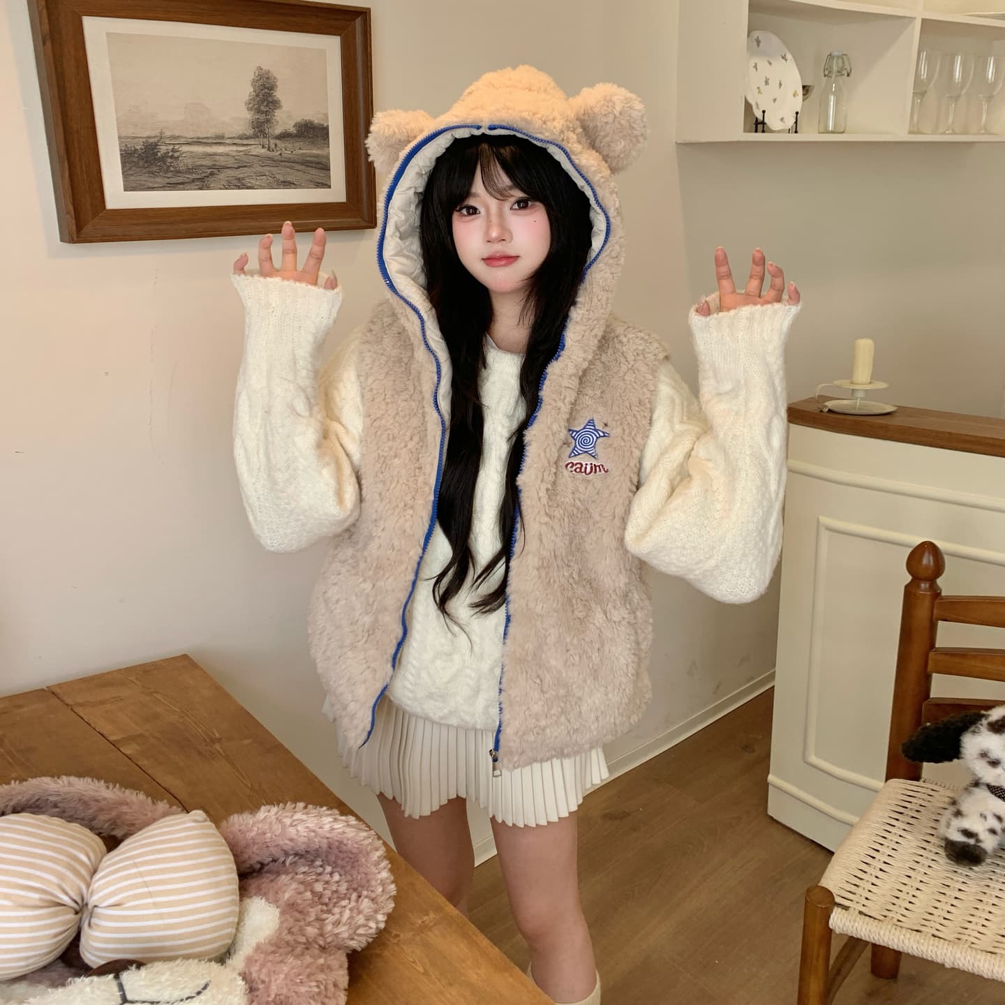 실사 귀여운 작은 곰 귀 후드 베스트 여성 코트 가을 겨울 새로운 루즈핏 슬림해 보이는 작은 키 민소매 조끼 이미지 6