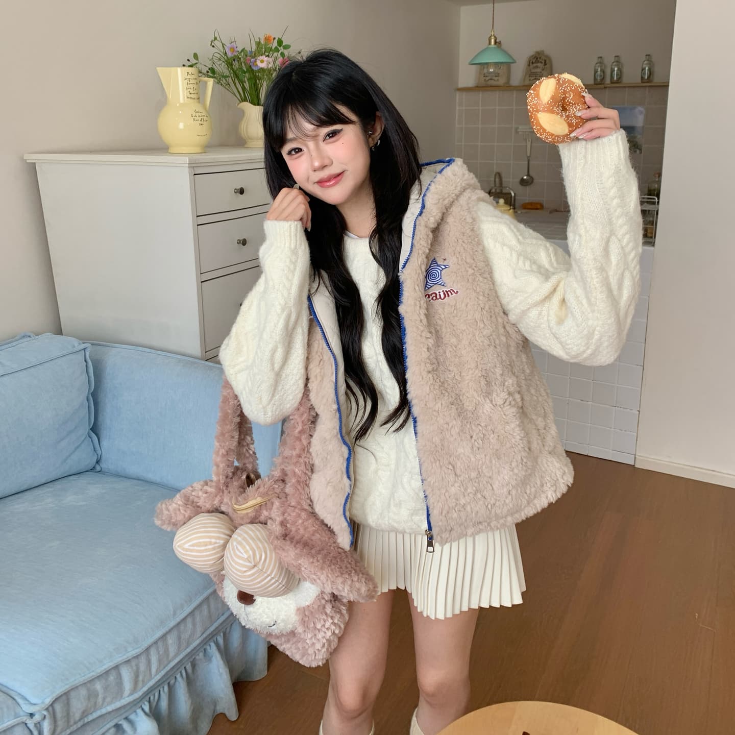 실사 귀여운 작은 곰 귀 후드 베스트 여성 코트 가을 겨울 새로운 루즈핏 슬림해 보이는 작은 키 민소매 조끼 이미지 5