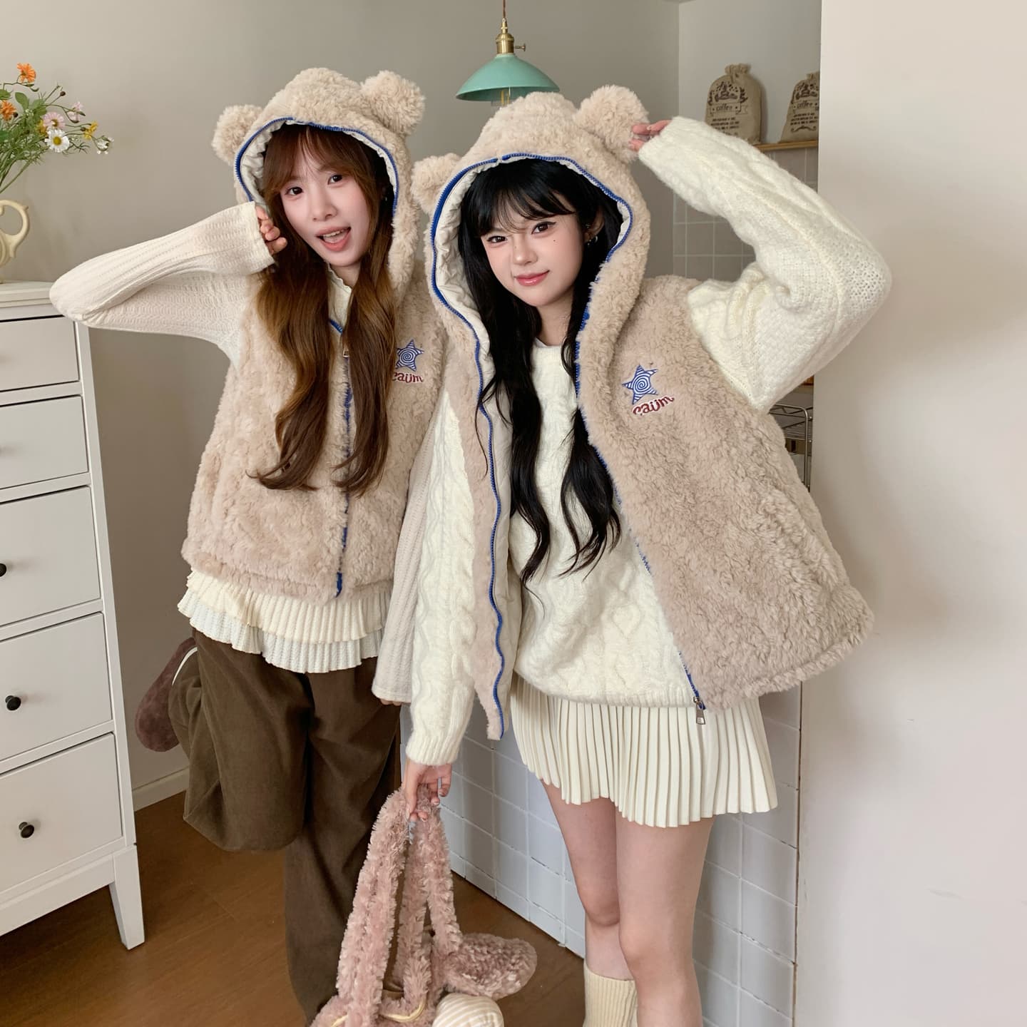 실사 귀여운 작은 곰 귀 후드 베스트 여성 코트 가을 겨울 새로운 루즈핏 슬림해 보이는 작은 키 민소매 조끼 이미지 2