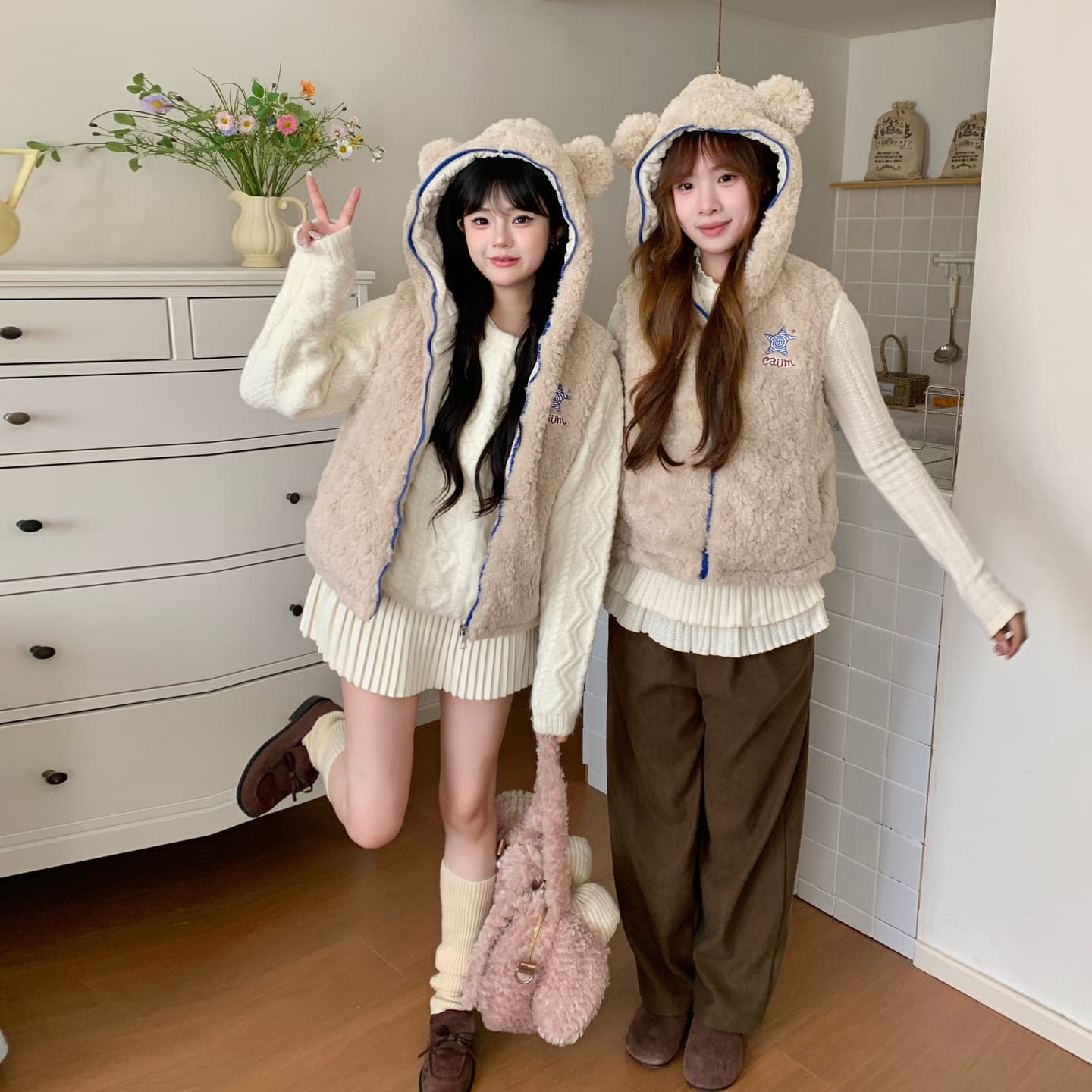 실사 귀여운 작은 곰 귀 후드 베스트 여성 코트 가을 겨울 새로운 루즈핏 슬림해 보이는 작은 키 민소매 조끼 이미지 4
