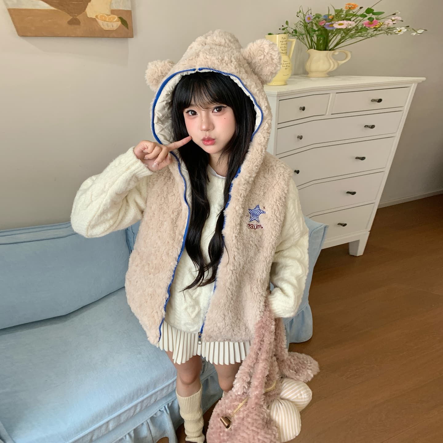 실사 귀여운 작은 곰 귀 후드 베스트 여성 코트 가을 겨울 새로운 루즈핏 슬림해 보이는 작은 키 민소매 조끼 이미지 3