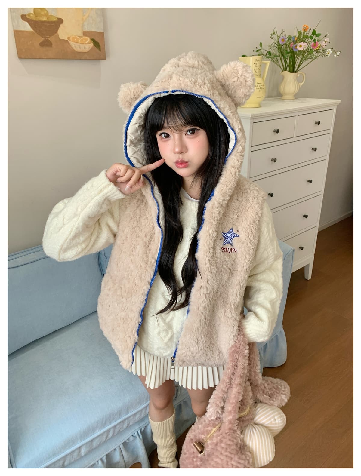 실사 귀여운 작은 곰 귀 후드 베스트 여성 코트 가을 겨울 새로운 루즈핏 슬림해 보이는 작은 키 민소매 조끼 상세 이미지 18