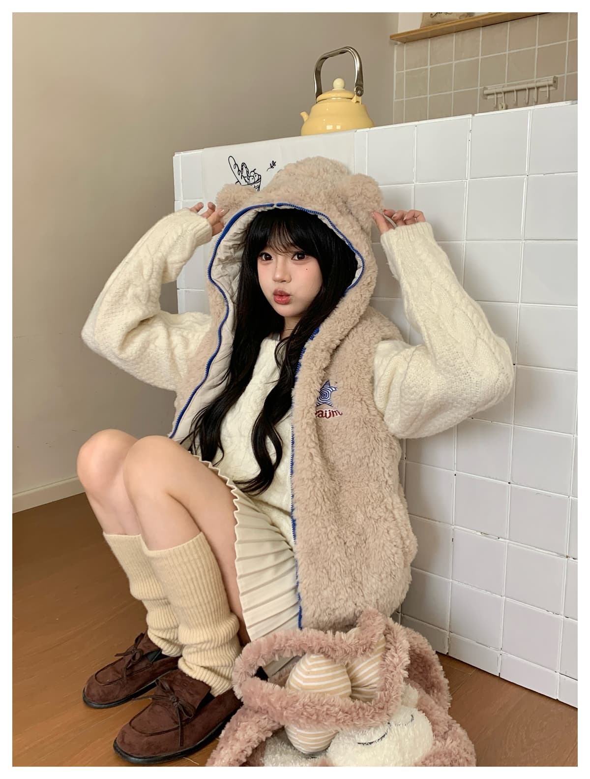 실사 귀여운 작은 곰 귀 후드 베스트 여성 코트 가을 겨울 새로운 루즈핏 슬림해 보이는 작은 키 민소매 조끼 상세 이미지 25