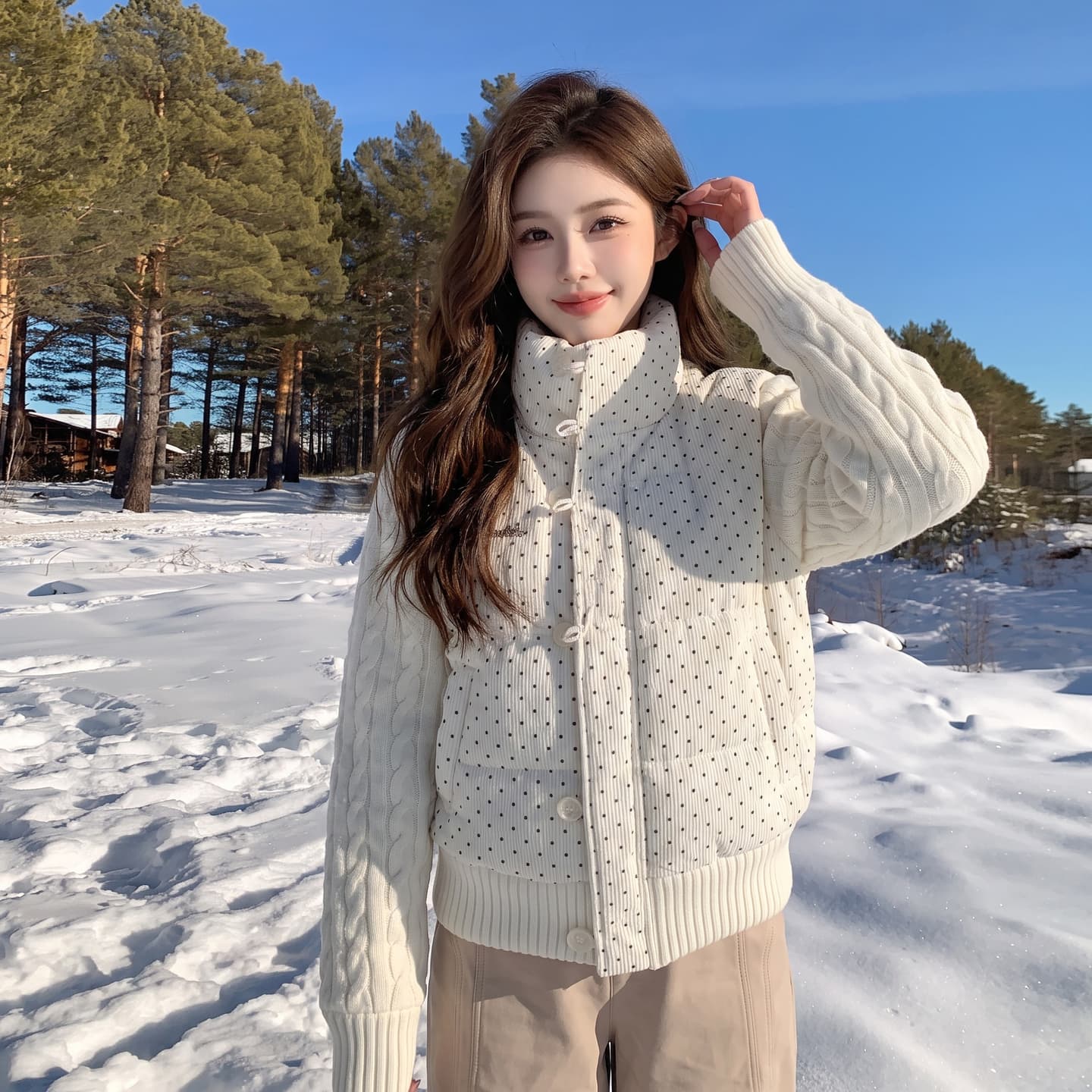 한 부서 달콤함 도트 무늬 니트 패치워크 긴팔 면 의류 여성 코트 겨울 루즈핏 두꺼운 쇼트 스타일 보온 패딩 재킷