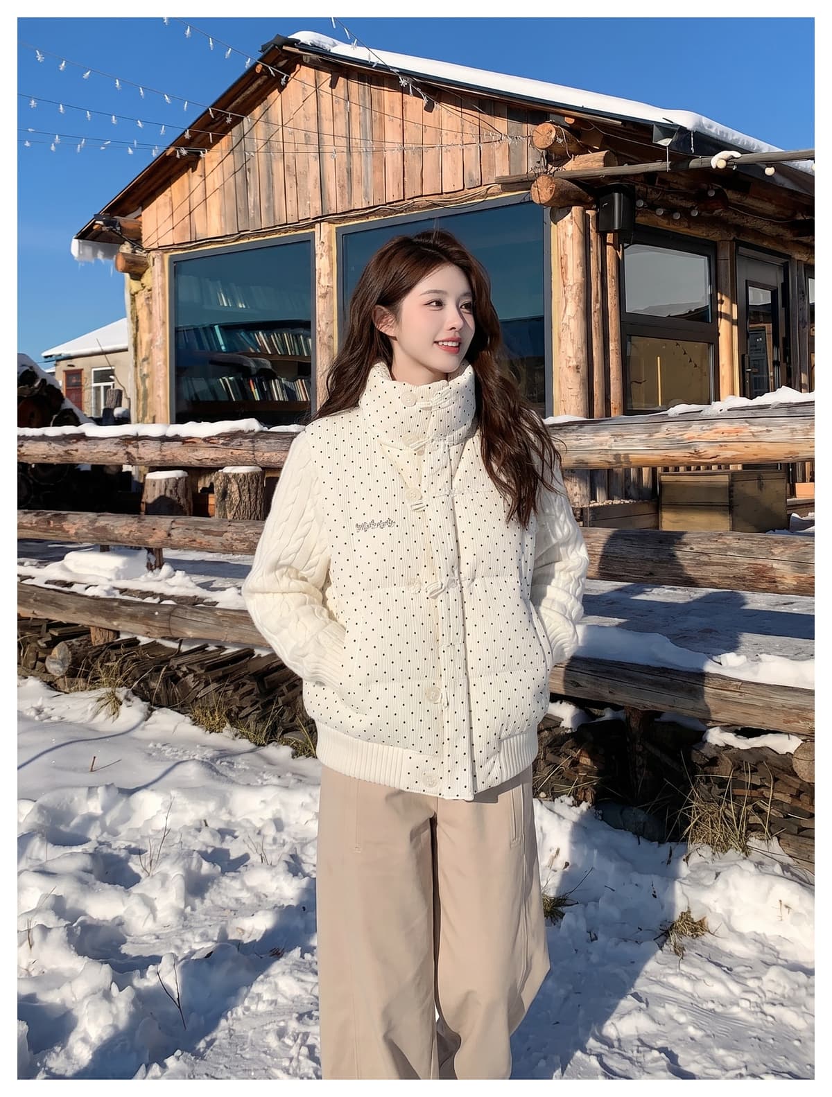 한 부서 달콤함 도트 무늬 니트 패치워크 긴팔 면 의류 여성 코트 겨울 루즈핏 두꺼운 쇼트 스타일 보온 패딩 재킷 상세 이미지 12