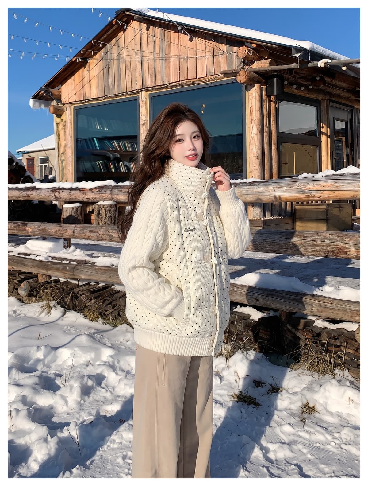 한 부서 달콤함 도트 무늬 니트 패치워크 긴팔 면 의류 여성 코트 겨울 루즈핏 두꺼운 쇼트 스타일 보온 패딩 재킷 상세 이미지 13