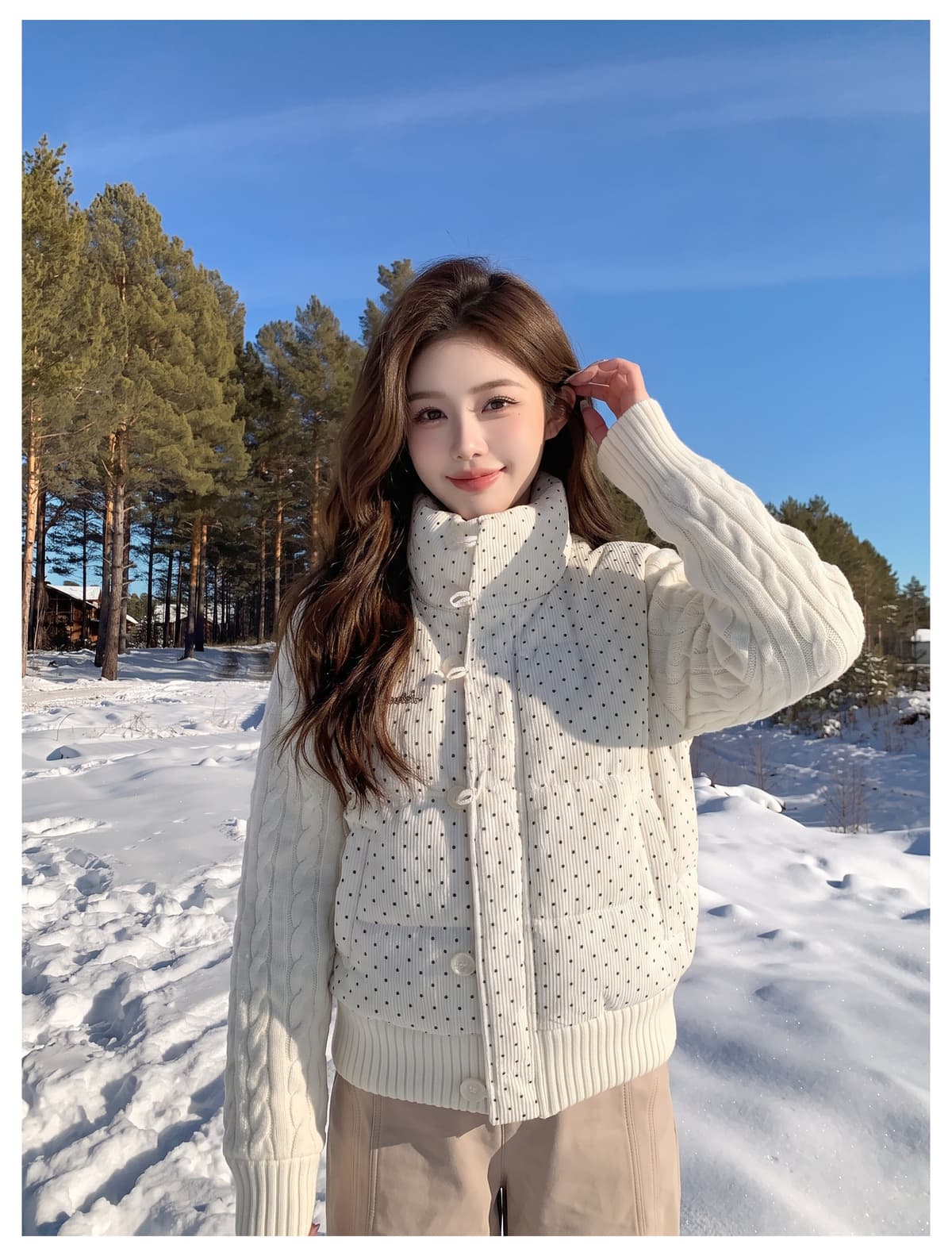 한 부서 달콤함 도트 무늬 니트 패치워크 긴팔 면 의류 여성 코트 겨울 루즈핏 두꺼운 쇼트 스타일 보온 패딩 재킷 상세 이미지 19