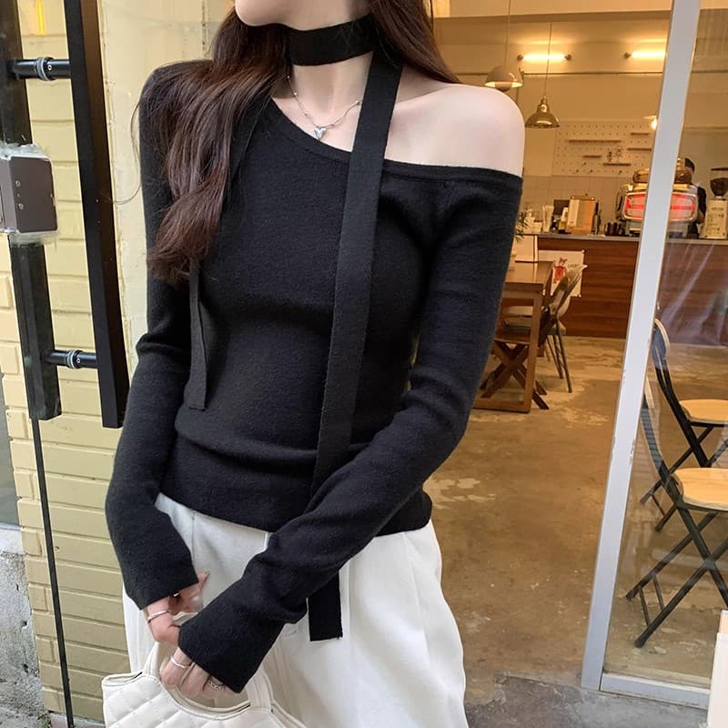 검정색 몸매 가꾸기 리본 니트 기본 셔츠 여성 봄 가을 새로운 디자인 센스 오프숄더 인사이드 가져 가라. 스웨터 비스듬한 어깨 의류