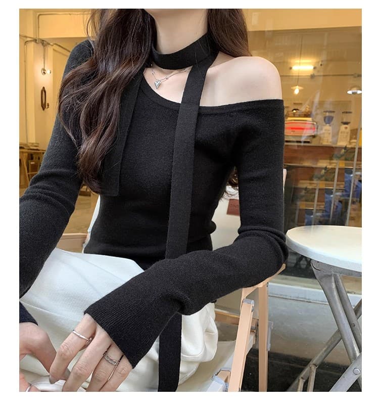 검정색 몸매 가꾸기 리본 니트 기본 셔츠 여성 봄 가을 새로운 디자인 센스 오프숄더 인사이드 가져 가라. 스웨터 비스듬한 어깨 의류 상세 이미지 12