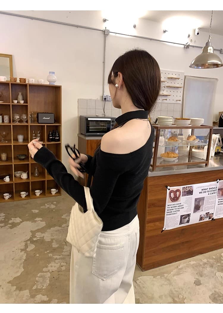 검정색 몸매 가꾸기 리본 니트 기본 셔츠 여성 봄 가을 새로운 디자인 센스 오프숄더 인사이드 가져 가라. 스웨터 비스듬한 어깨 의류 상세 이미지 13