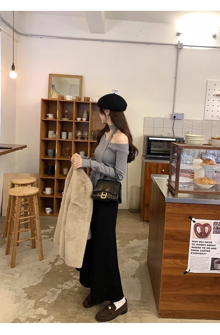 검정색 몸매 가꾸기 리본 니트 기본 셔츠 여성 봄 가을 새로운 디자인 센스 오프숄더 인사이드 가져 가라. 스웨터 비스듬한 어깨 의류 상세 이미지 17