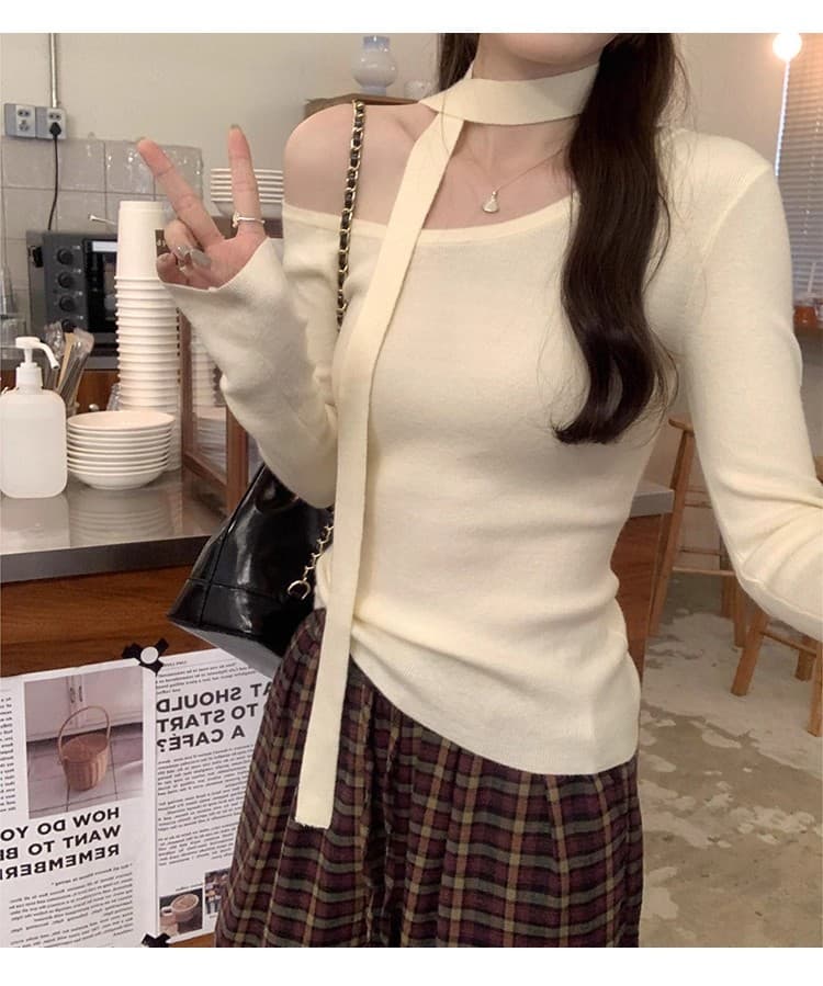 검정색 몸매 가꾸기 리본 니트 기본 셔츠 여성 봄 가을 새로운 디자인 센스 오프숄더 인사이드 가져 가라. 스웨터 비스듬한 어깨 의류 상세 이미지 19