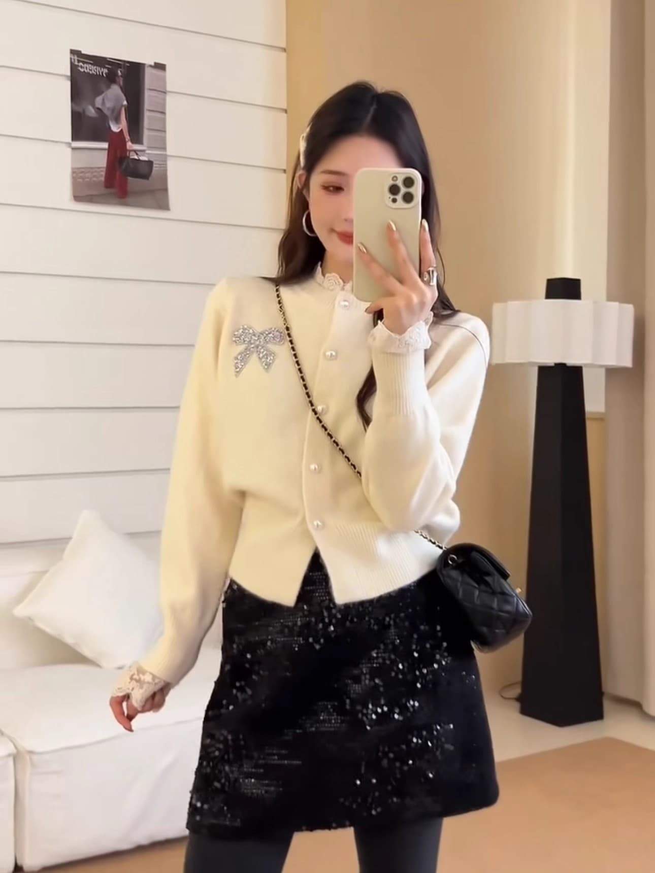 2026 봄 가을 레이스 핫픽스 나비 매듭 황색 스웨터 여성 의류 가을 겨울 폭발 니트 오픈 가디건 쇼트 스타일 맨위 상세 이미지 6