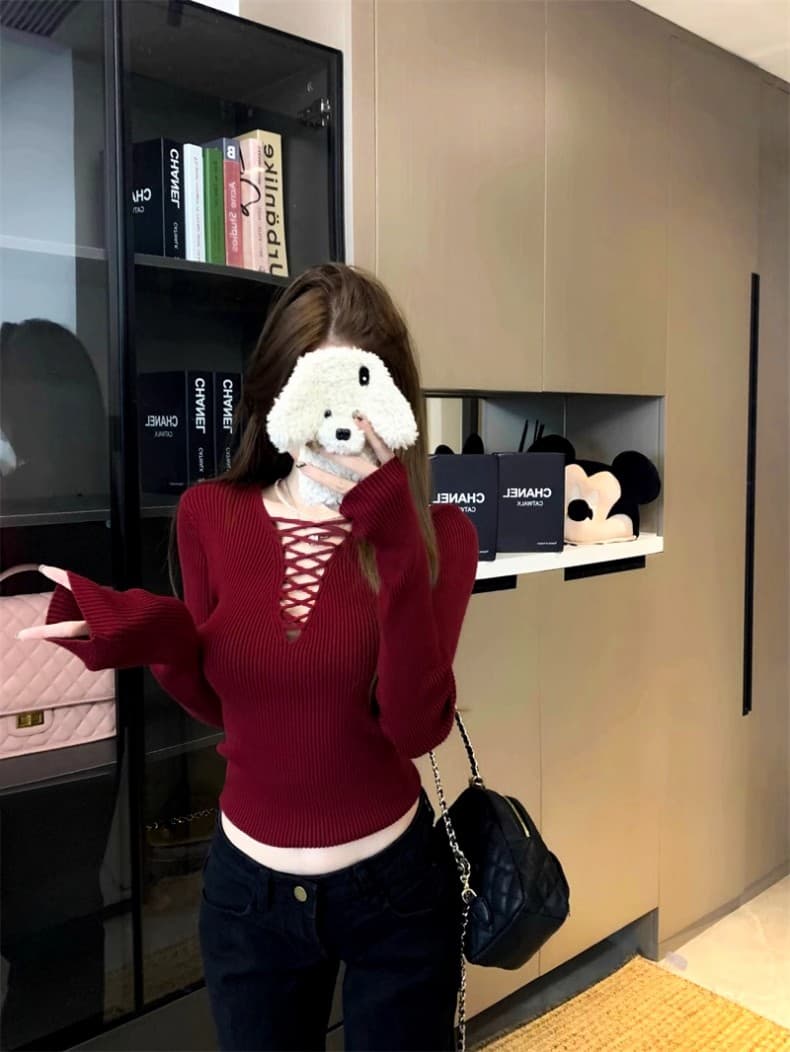 빨간색 홀로우 아웃 스웨터 인사이드 가져 가라. 기본 셔츠 여성 가을 겨울철 2026 새로운 디자인 센스 작은 대중 쇼트 스타일 니트 맨위 상세 이미지 2