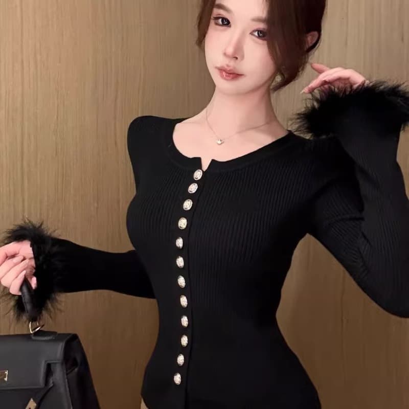 작은 대중 품격 모피 패치워크 나팔 소매 니트 오픈 가디건 여성 몸매 가꾸기 슬림해 보이는 기타 단추 디자인 센스 인사이드 잡아라. 의류 이미지 5