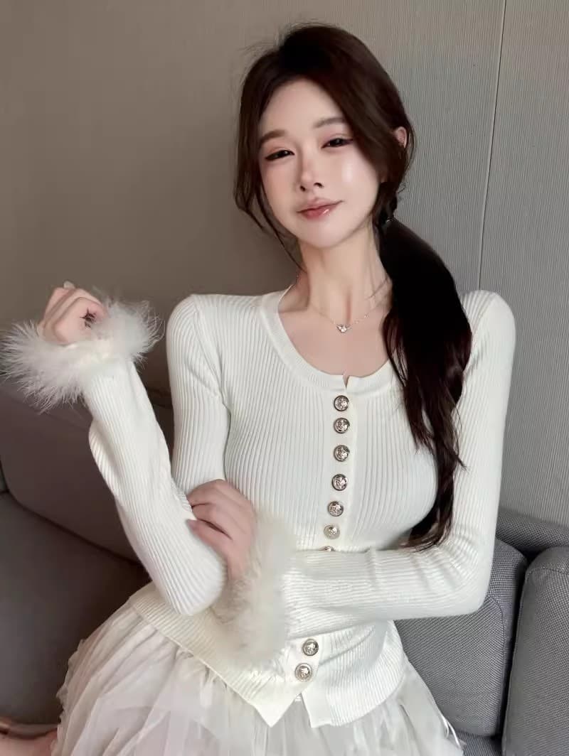 작은 대중 품격 모피 패치워크 나팔 소매 니트 오픈 가디건 여성 몸매 가꾸기 슬림해 보이는 기타 단추 디자인 센스 인사이드 잡아라. 의류 상세 이미지 1