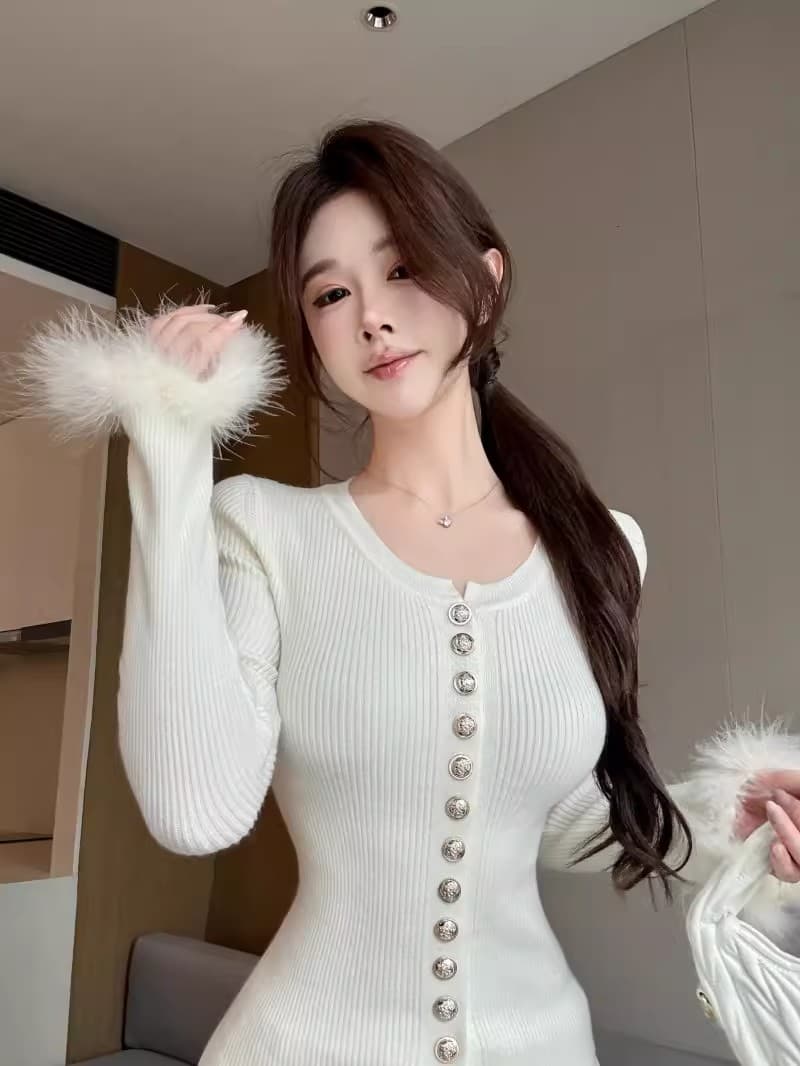 작은 대중 품격 모피 패치워크 나팔 소매 니트 오픈 가디건 여성 몸매 가꾸기 슬림해 보이는 기타 단추 디자인 센스 인사이드 잡아라. 의류 상세 이미지 9