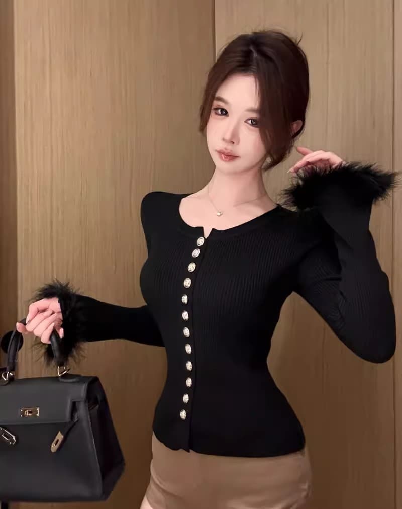 작은 대중 품격 모피 패치워크 나팔 소매 니트 오픈 가디건 여성 몸매 가꾸기 슬림해 보이는 기타 단추 디자인 센스 인사이드 잡아라. 의류 상세 이미지 13