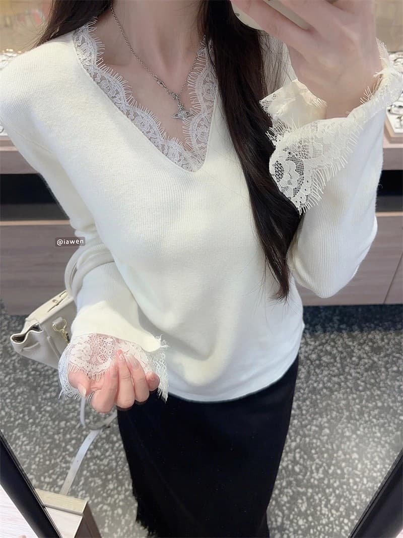 순수한 욕망 바람 검정색 레이스 V넥 니트 스웨터 여성 가을 겨울 2026 새로운 코트 인사이드 가져 가라. 기본 셔츠 스웨터 맨위