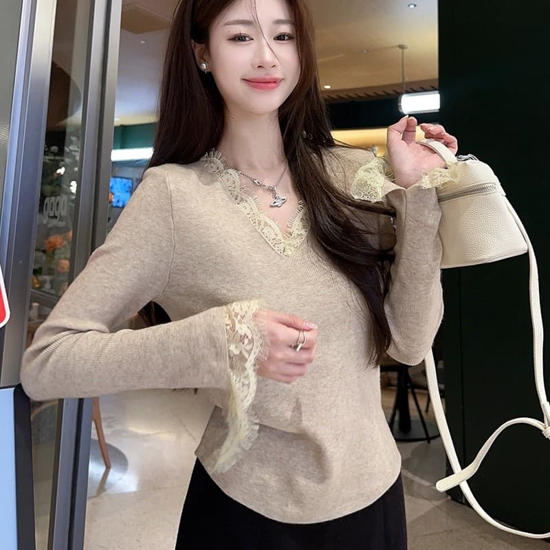 순수한 욕망 바람 검정색 레이스 V넥 니트 스웨터 여성 가을 겨울 2026 새로운 코트 인사이드 가져 가라. 기본 셔츠 스웨터 맨위 이미지 4