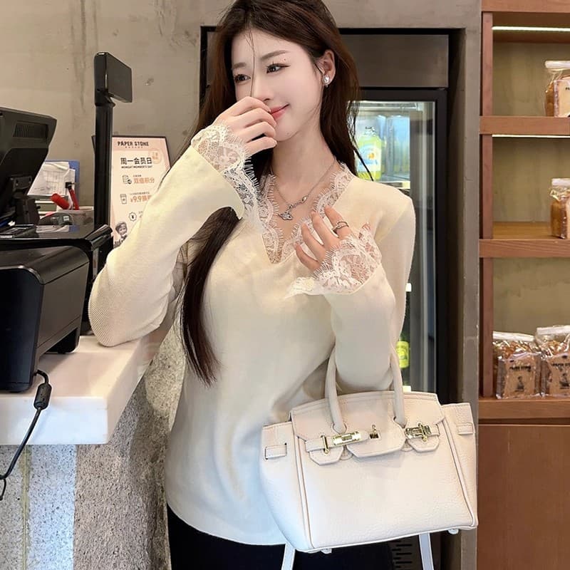 순수한 욕망 바람 검정색 레이스 V넥 니트 스웨터 여성 가을 겨울 2026 새로운 코트 인사이드 가져 가라. 기본 셔츠 스웨터 맨위 이미지 3
