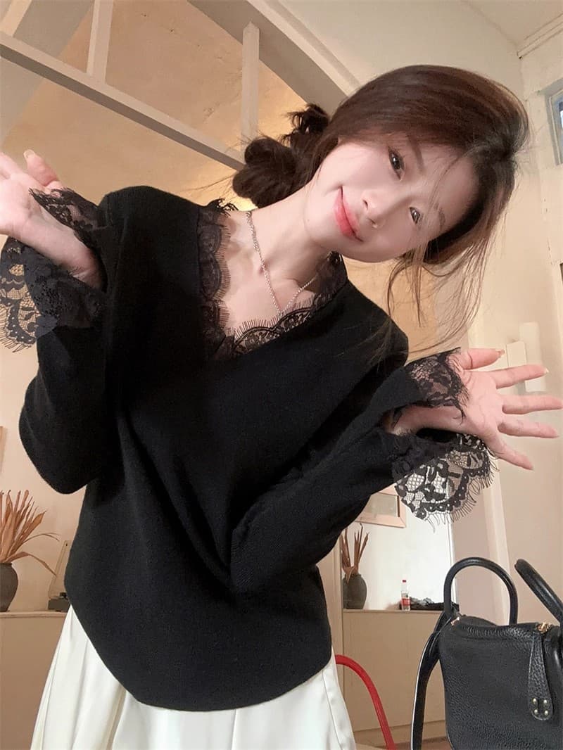 순수한 욕망 바람 검정색 레이스 V넥 니트 스웨터 여성 가을 겨울 2026 새로운 코트 인사이드 가져 가라. 기본 셔츠 스웨터 맨위 상세 이미지 1