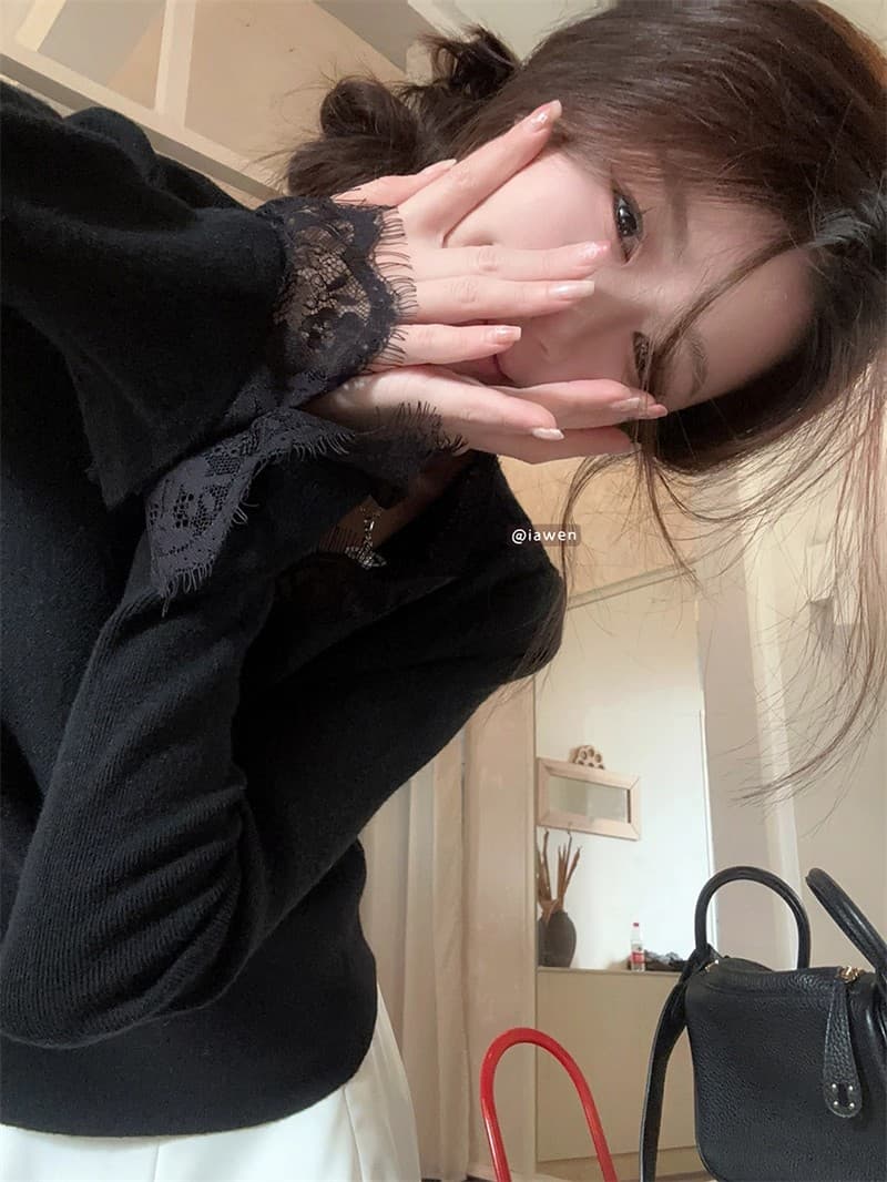 순수한 욕망 바람 검정색 레이스 V넥 니트 스웨터 여성 가을 겨울 2026 새로운 코트 인사이드 가져 가라. 기본 셔츠 스웨터 맨위 상세 이미지 3