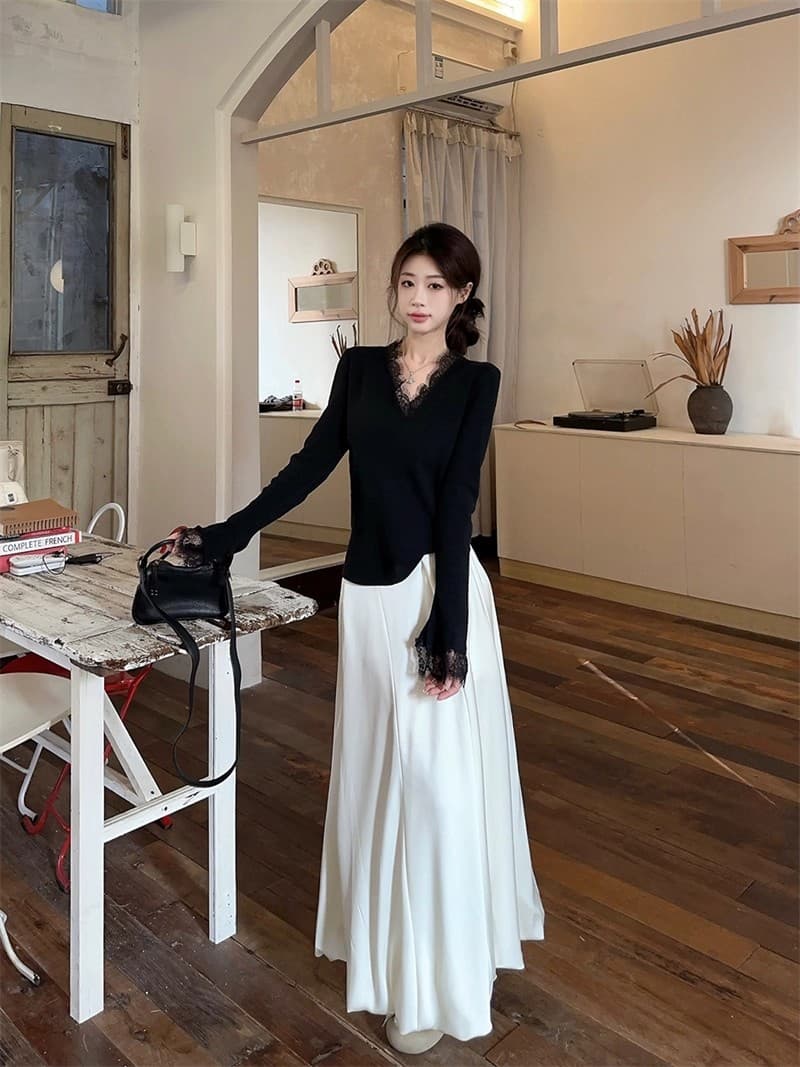 순수한 욕망 바람 검정색 레이스 V넥 니트 스웨터 여성 가을 겨울 2026 새로운 코트 인사이드 가져 가라. 기본 셔츠 스웨터 맨위 상세 이미지 5