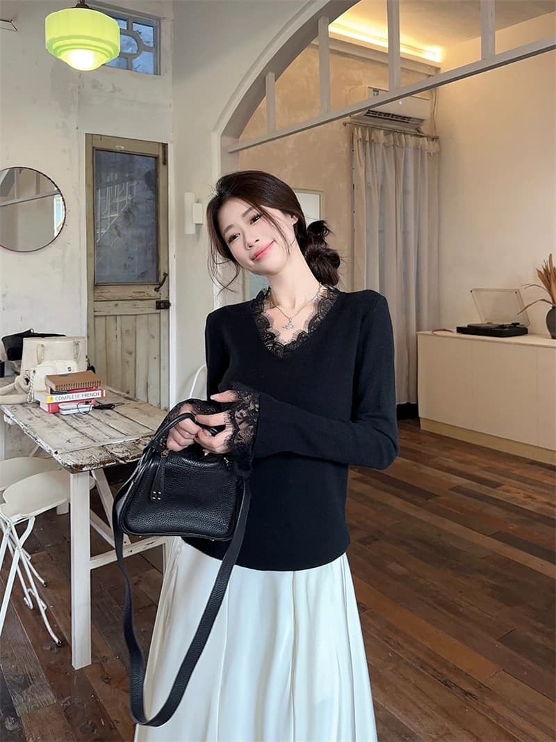 순수한 욕망 바람 검정색 레이스 V넥 니트 스웨터 여성 가을 겨울 2026 새로운 코트 인사이드 가져 가라. 기본 셔츠 스웨터 맨위 상세 이미지 6