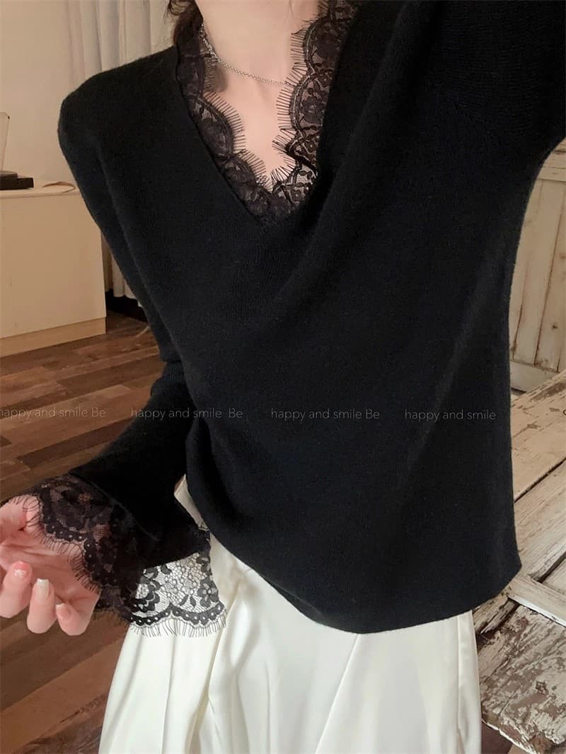 순수한 욕망 바람 검정색 레이스 V넥 니트 스웨터 여성 가을 겨울 2026 새로운 코트 인사이드 가져 가라. 기본 셔츠 스웨터 맨위 상세 이미지 8