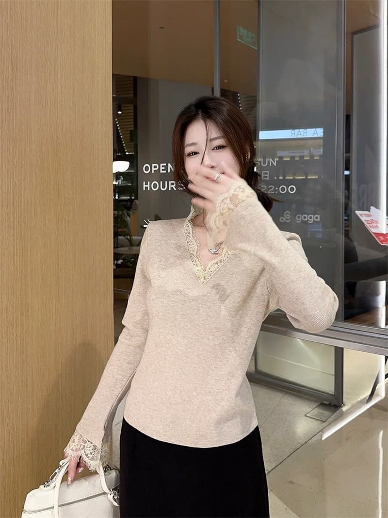 순수한 욕망 바람 검정색 레이스 V넥 니트 스웨터 여성 가을 겨울 2026 새로운 코트 인사이드 가져 가라. 기본 셔츠 스웨터 맨위 상세 이미지 9