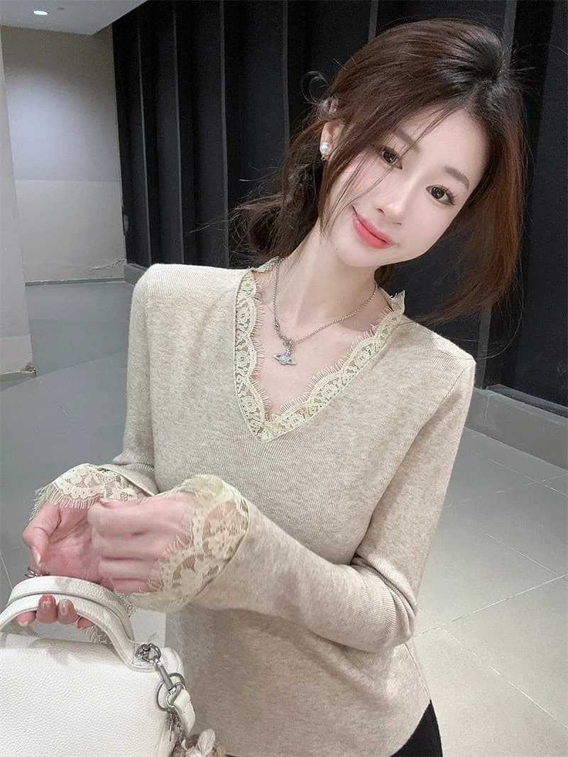 순수한 욕망 바람 검정색 레이스 V넥 니트 스웨터 여성 가을 겨울 2026 새로운 코트 인사이드 가져 가라. 기본 셔츠 스웨터 맨위 상세 이미지 11