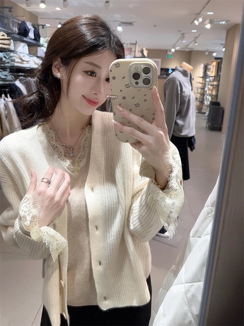 순수한 욕망 바람 검정색 레이스 V넥 니트 스웨터 여성 가을 겨울 2026 새로운 코트 인사이드 가져 가라. 기본 셔츠 스웨터 맨위 상세 이미지 12