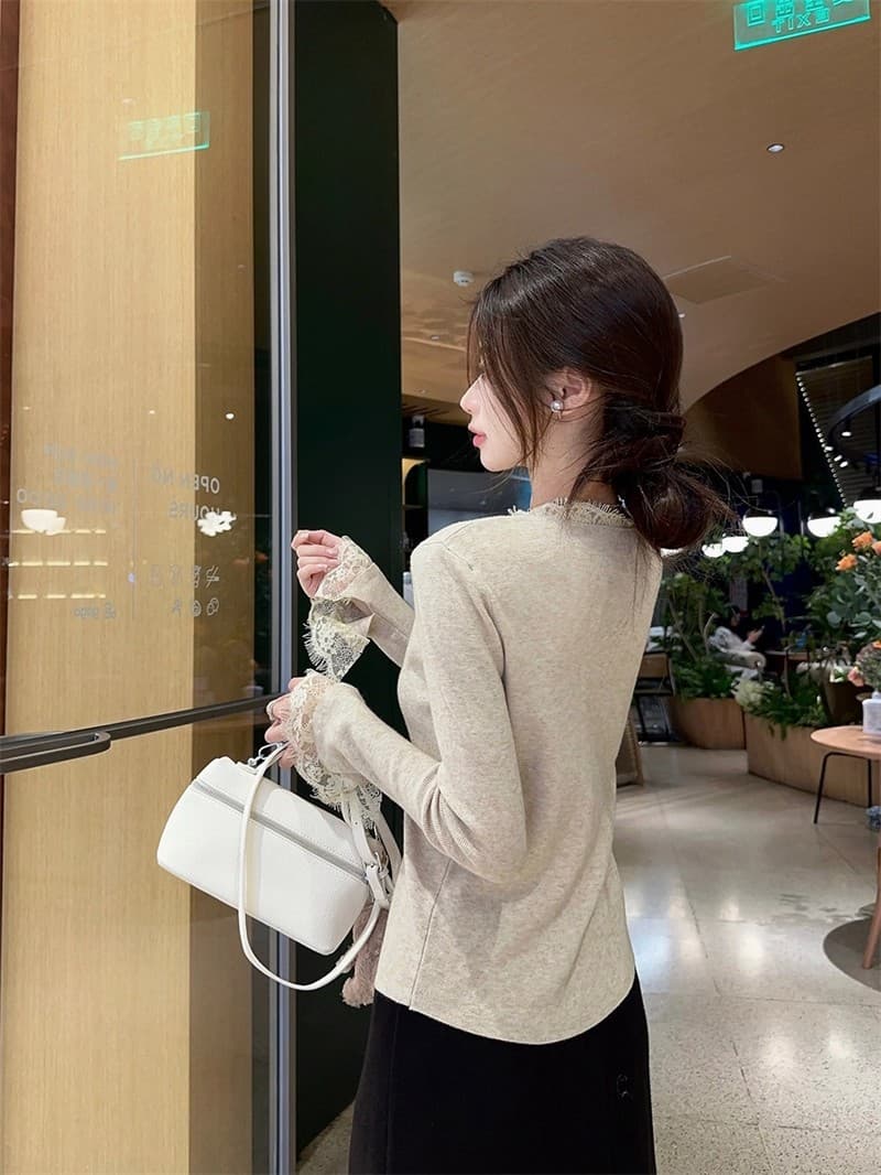 순수한 욕망 바람 검정색 레이스 V넥 니트 스웨터 여성 가을 겨울 2026 새로운 코트 인사이드 가져 가라. 기본 셔츠 스웨터 맨위 상세 이미지 13