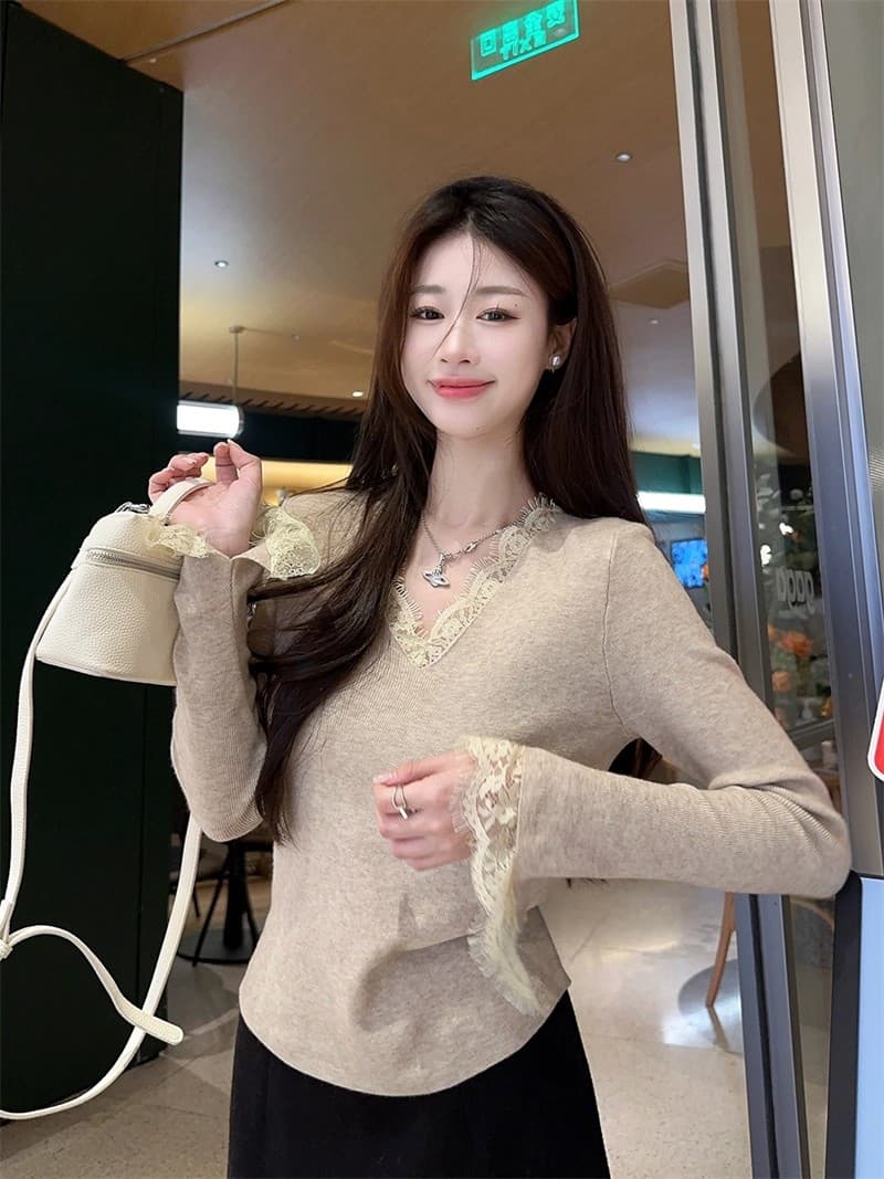 순수한 욕망 바람 검정색 레이스 V넥 니트 스웨터 여성 가을 겨울 2026 새로운 코트 인사이드 가져 가라. 기본 셔츠 스웨터 맨위 상세 이미지 15