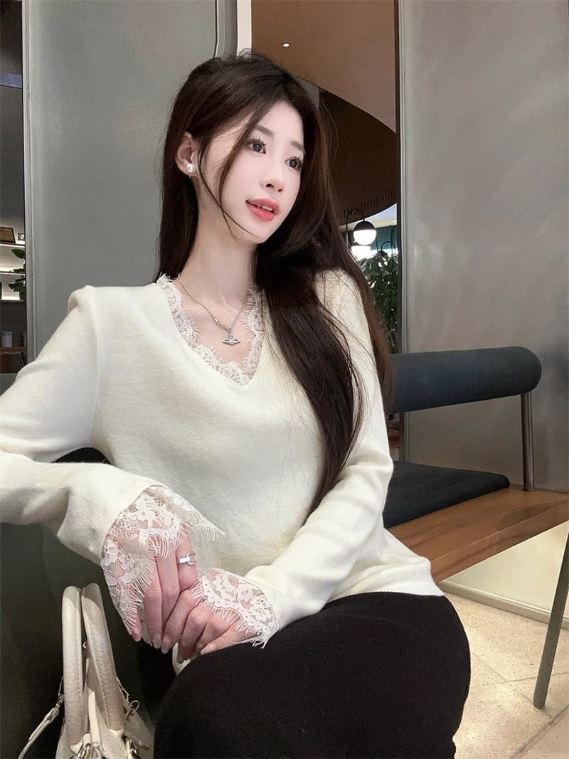 순수한 욕망 바람 검정색 레이스 V넥 니트 스웨터 여성 가을 겨울 2026 새로운 코트 인사이드 가져 가라. 기본 셔츠 스웨터 맨위 상세 이미지 19