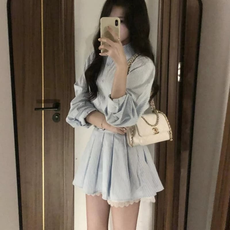 벨트 포함 스트라이프 긴팔 여성 드레스 가을 새로운 레이스 조각 작은 키 허리 수축 셔츠 치마 이미지 4