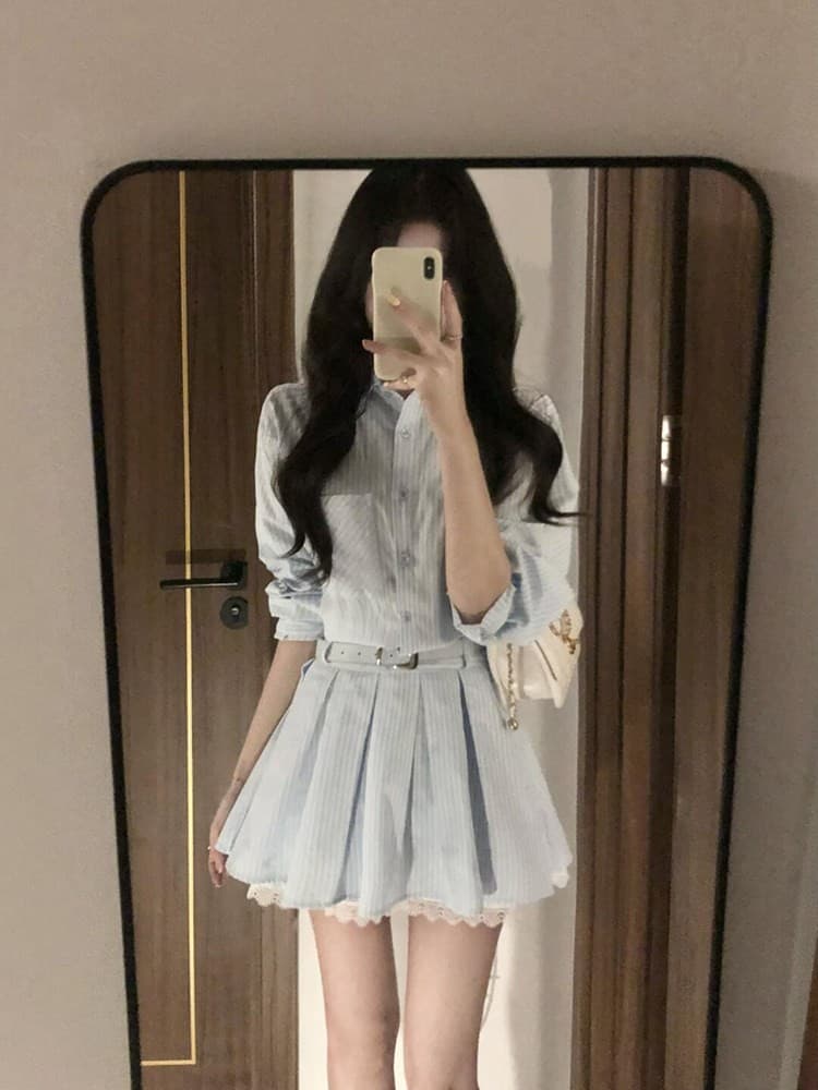 벨트 포함 스트라이프 긴팔 여성 드레스 가을 새로운 레이스 조각 작은 키 허리 수축 셔츠 치마 상세 이미지 1