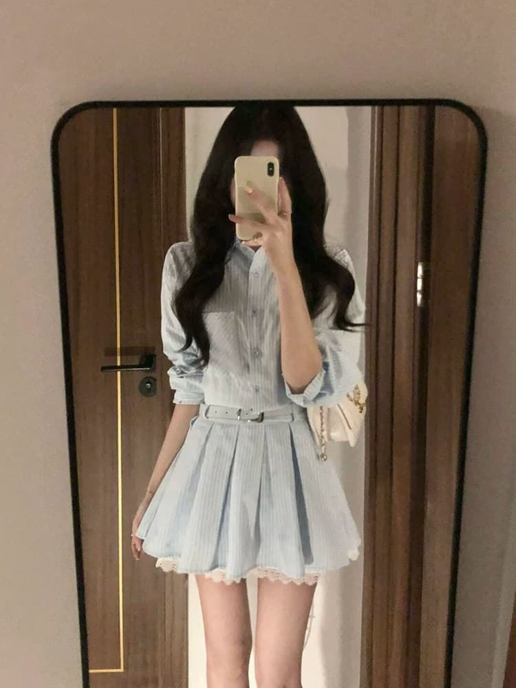 벨트 포함 스트라이프 긴팔 여성 드레스 가을 새로운 레이스 조각 작은 키 허리 수축 셔츠 치마 상세 이미지 2