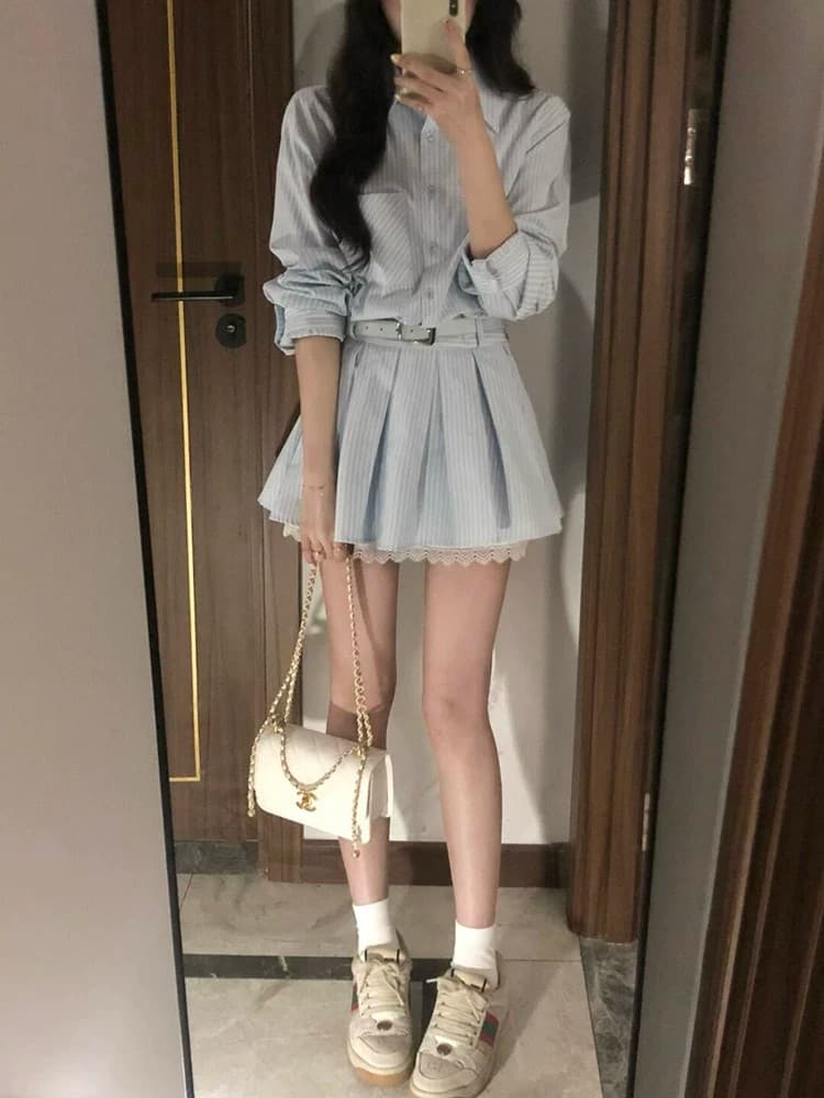 벨트 포함 스트라이프 긴팔 여성 드레스 가을 새로운 레이스 조각 작은 키 허리 수축 셔츠 치마 상세 이미지 4
